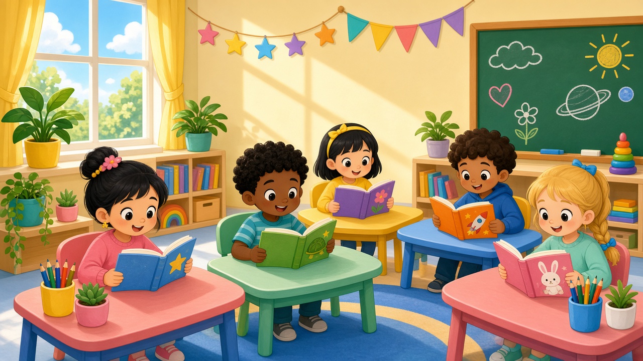 A bright cartoon classroom with children reading together