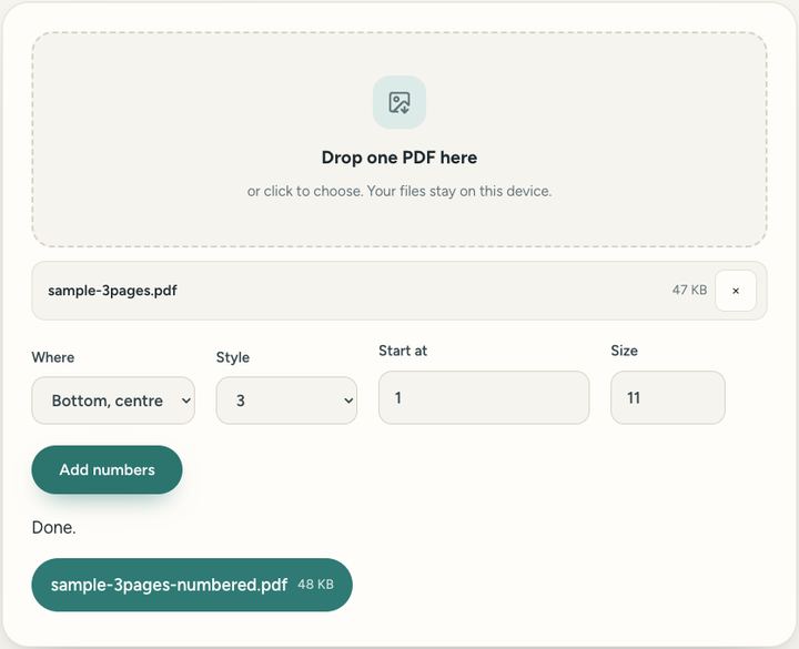 Screenshot of the Add page numbers tool on Sureno, in use