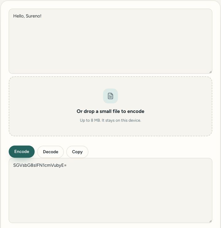 Screenshot of the Base64 encode and decode tool on Sureno, in use