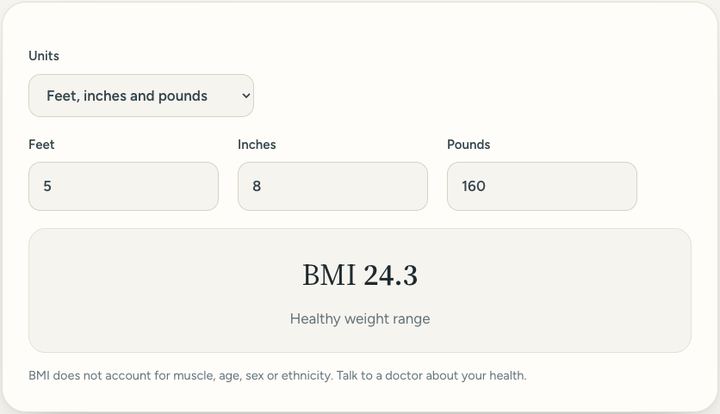 Screenshot of the BMI calculator tool on Sureno, in use