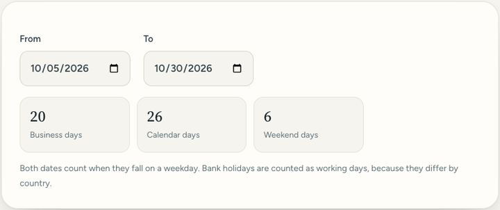 Screenshot of the Business days calculator tool on Sureno, in use