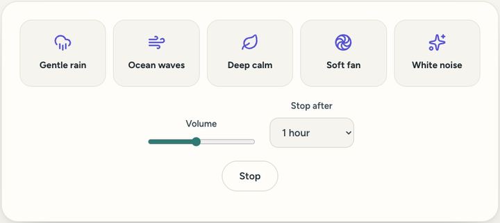 Screenshot of the Calm sounds tool on Sureno, in use