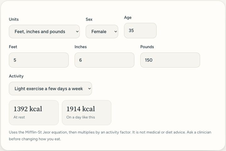 Screenshot of the Calorie calculator tool on Sureno, in use