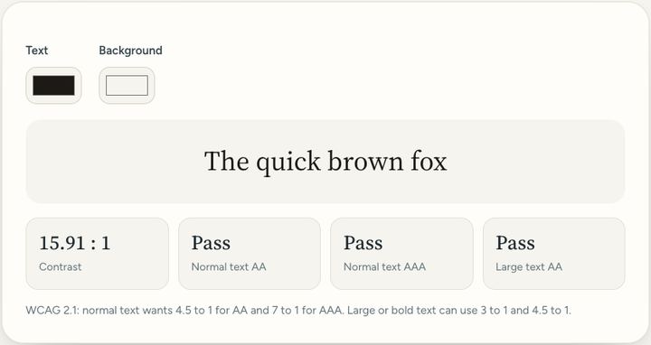 Screenshot of the Contrast checker tool on Sureno, in use