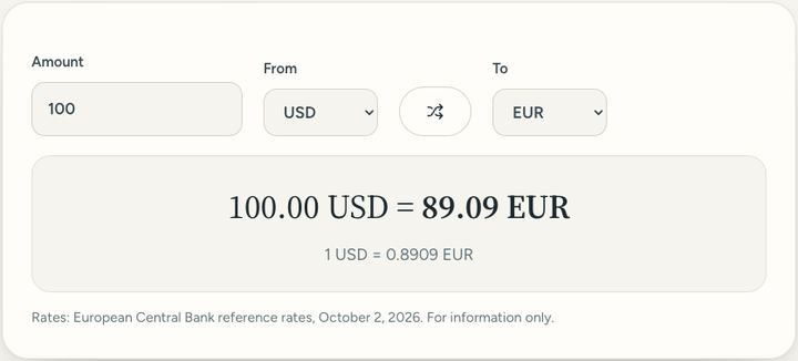 Screenshot of the Currency converter tool on Sureno, in use