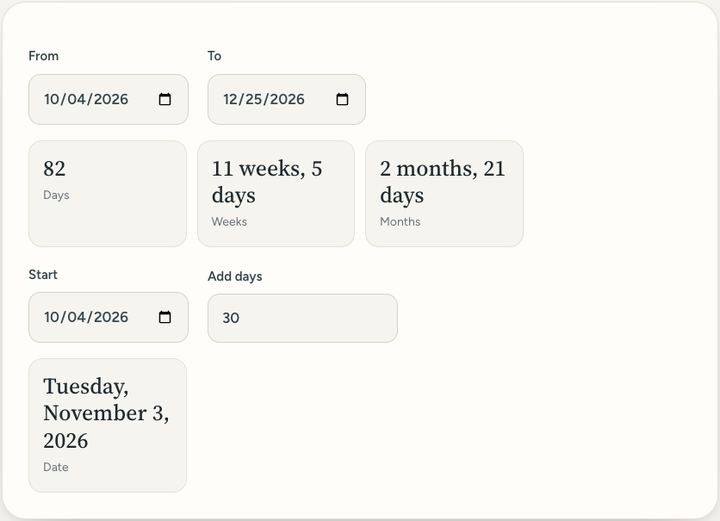 Screenshot of the Days between dates tool on Sureno, in use