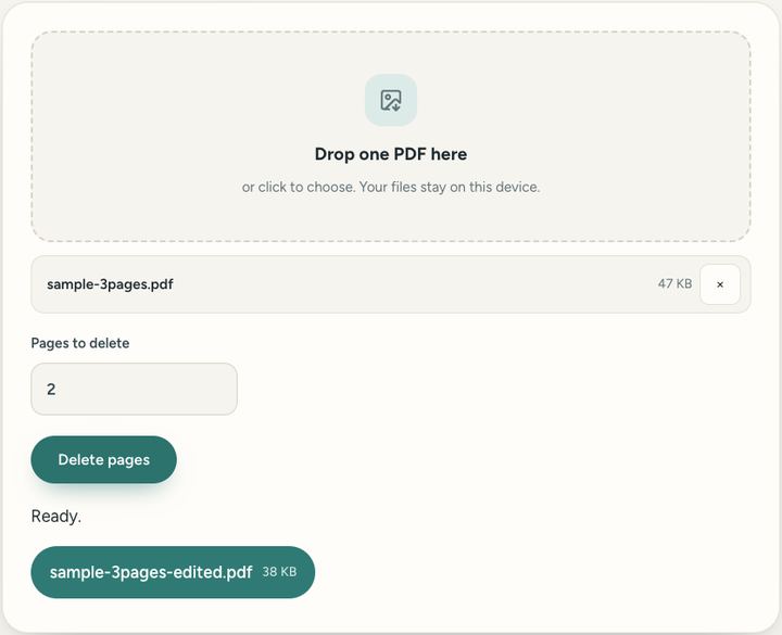 Screenshot of the Delete PDF pages tool on Sureno, in use