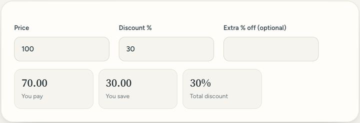 Screenshot of the Discount calculator tool on Sureno, in use