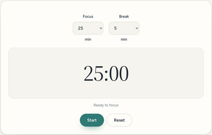 Screenshot of the Focus timer tool on Sureno, in use