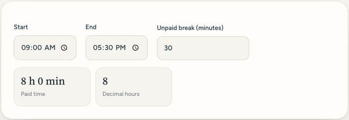 Screenshot of the Hours calculator tool on Sureno, in use