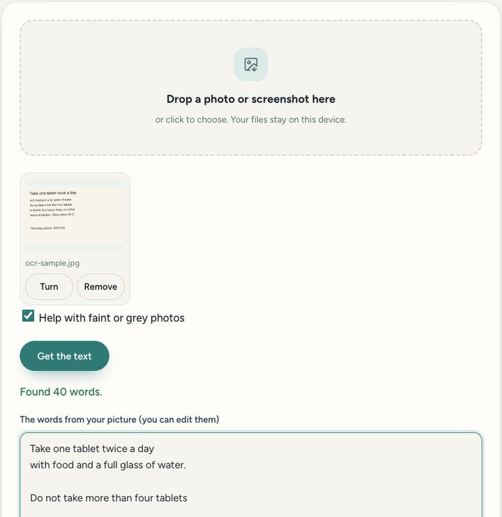 Screenshot of the Picture to text (OCR) tool on Sureno, in use