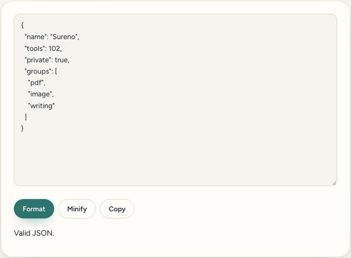 Screenshot of the JSON formatter tool on Sureno, in use