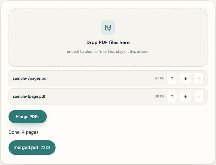 Screenshot of the Merge PDF tool on Sureno, in use
