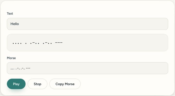 Screenshot of the Morse code translator tool on Sureno, in use