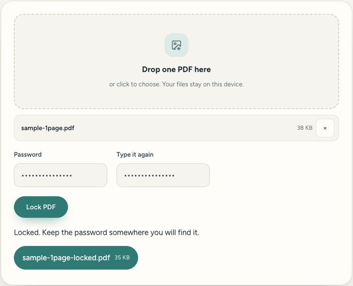 Screenshot of the Password protect PDF tool on Sureno, in use