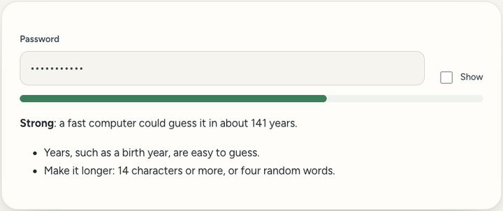 Screenshot of the Password strength checker tool on Sureno, in use