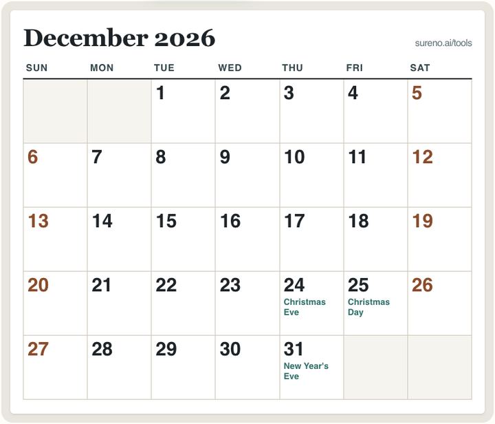 Screenshot of the Printable calendar tool on Sureno, in use