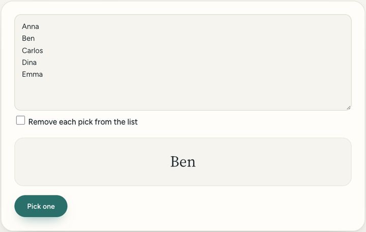 Screenshot of the Random name picker tool on Sureno, in use