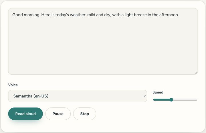 Screenshot of the Read text aloud tool on Sureno, in use