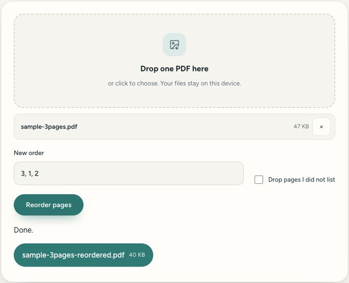 Screenshot of the Reorder PDF pages tool on Sureno, in use
