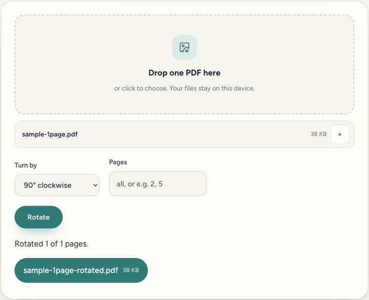 Screenshot of the Rotate PDF tool on Sureno, in use