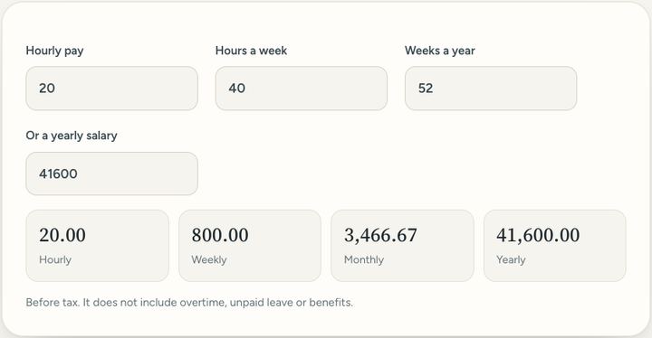 Screenshot of the Salary calculator tool on Sureno, in use