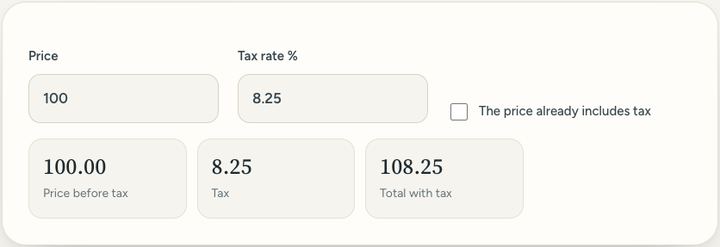 Screenshot of the Sales tax calculator tool on Sureno, in use
