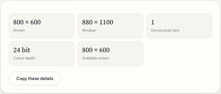 Screenshot of the What is my screen resolution? tool on Sureno, in use