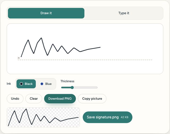 Screenshot of the Signature maker tool on Sureno, in use