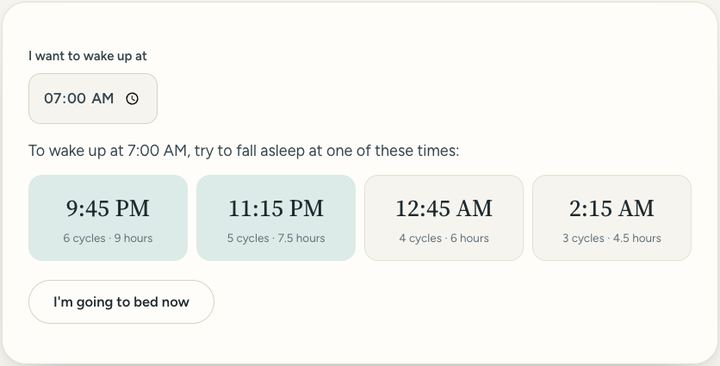 Screenshot of the Sleep calculator tool on Sureno, in use
