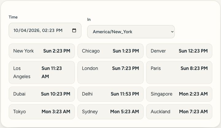 Screenshot of the Time zone converter tool on Sureno, in use