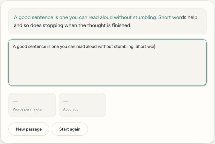 Screenshot of the Typing speed test tool on Sureno, in use
