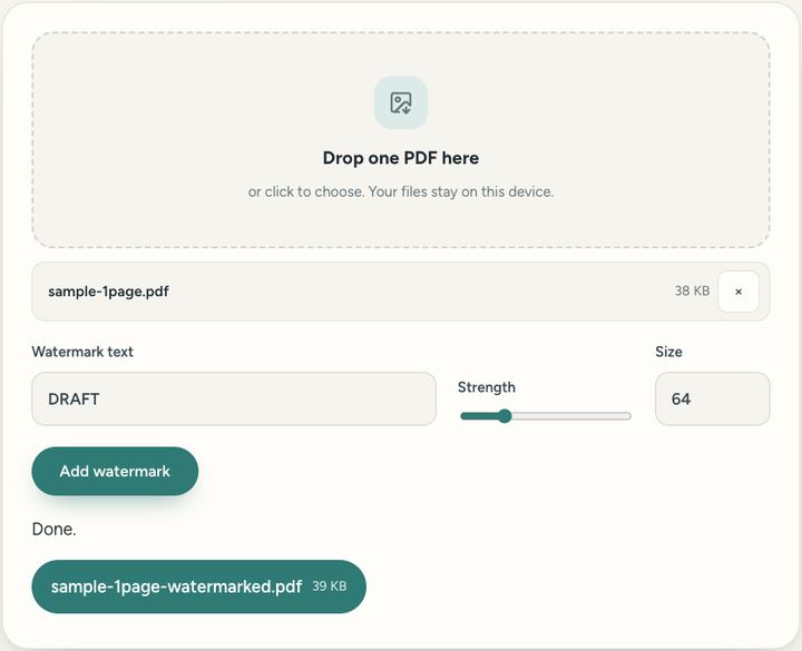 Screenshot of the Watermark PDF tool on Sureno, in use