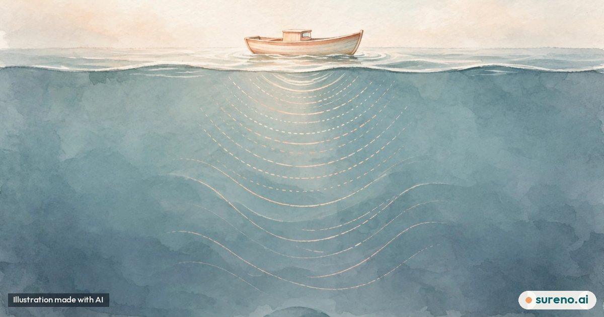 Illustration: A calm cross-section of blue water with a small boat on the surface sending soft sound waves toward a distant shape below, no text, no real people.
