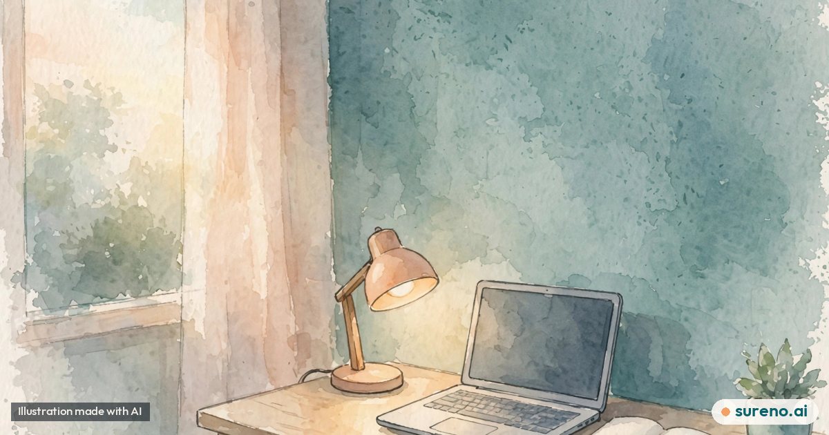 Illustration: A calm illustration of a small desk lamp lighting a laptop and notebook in a quiet living room, no text, no real people.