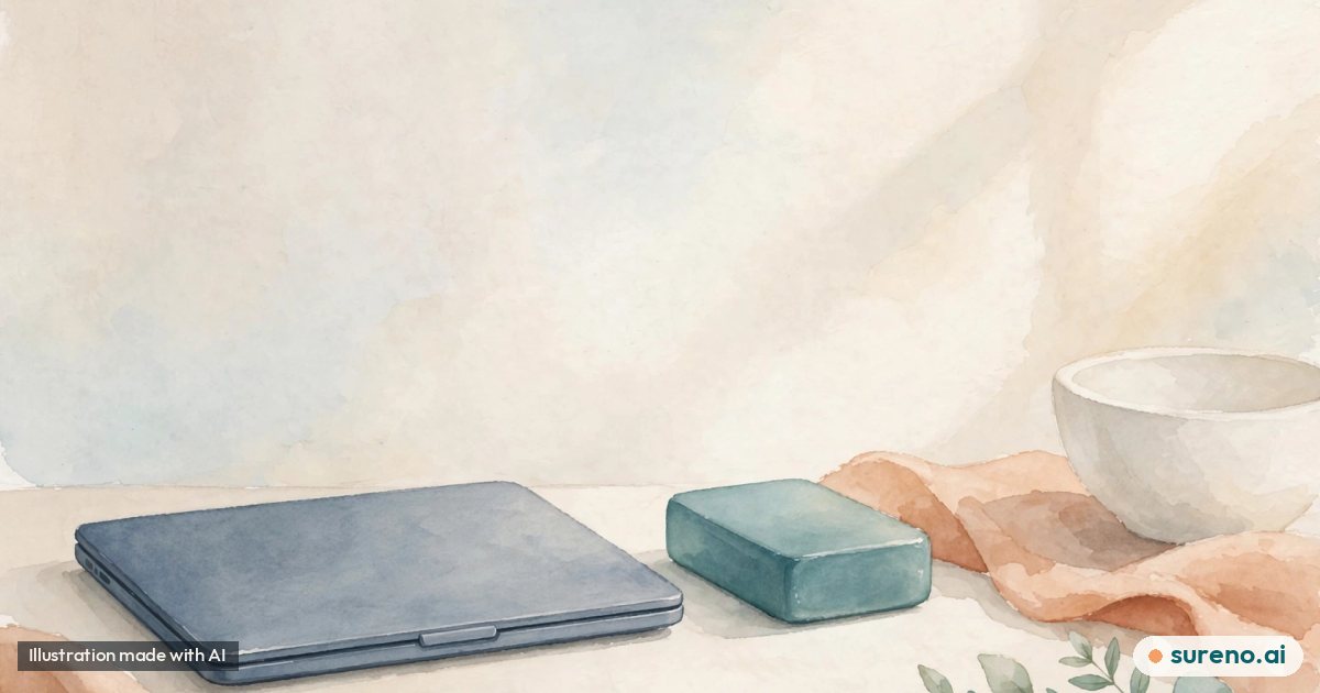 Illustration: A calm desk scene with a closed laptop beside a simple storage drive shape and soft neutral forms suggesting open space, no text, no real people.