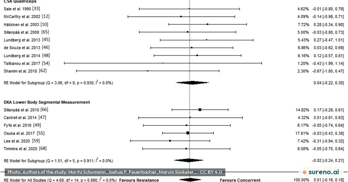 Forest plot of studies comparing differences in muscle hypertrophy in concurrent aerobic and strength training (RE) vs RE only.png