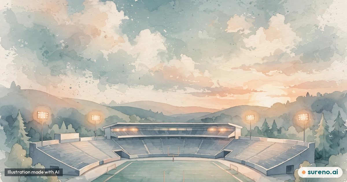 Illustration: A calm illustration of an empty college football stadium at dusk with soft lights, no text, no real people.