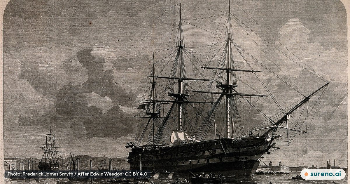 HMS Agamemnon, 91 Guns, shipping the English Portion of the Atlantic Submarine Cable at East Greenwich - ILN 1857.jpg