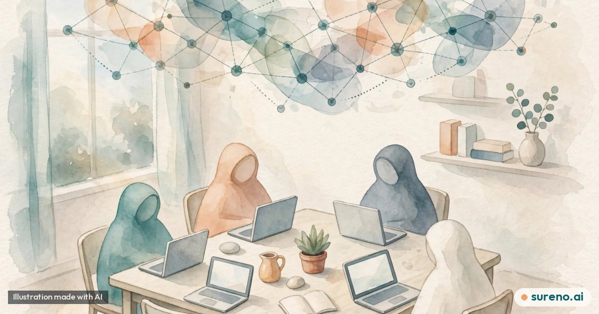 Illustration: Calm illustration of a small classroom of adult learners with laptops around a table, with soft abstract network shapes above, no text, no real people