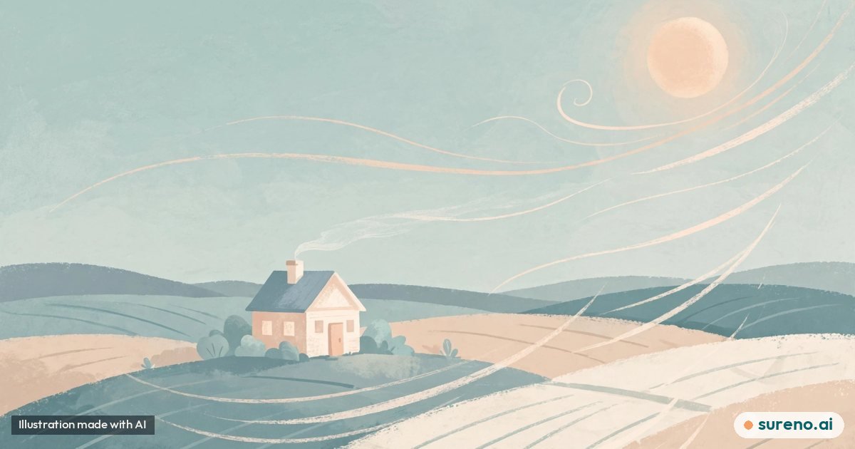 Illustration: A calm flat illustration of a small house with clean sky, soft sun and gentle wind lines over fields, no text, no real people