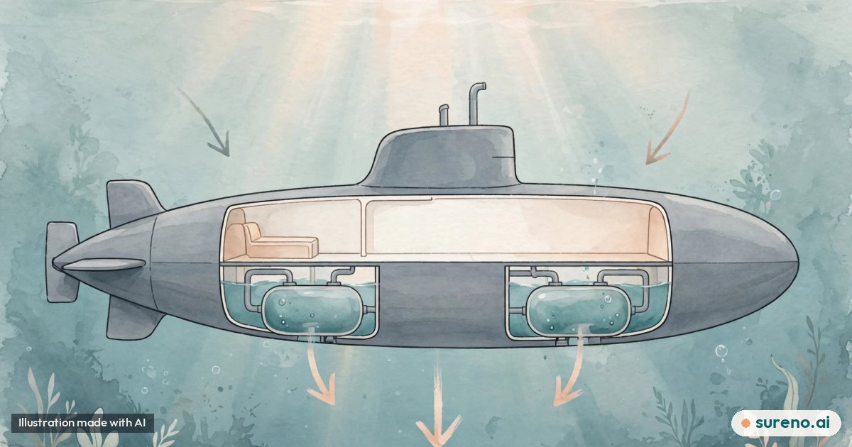Illustration: A calm cross-section illustration of a gray submarine underwater with simple ballast tanks and arrows showing diving motion, no text, no real people