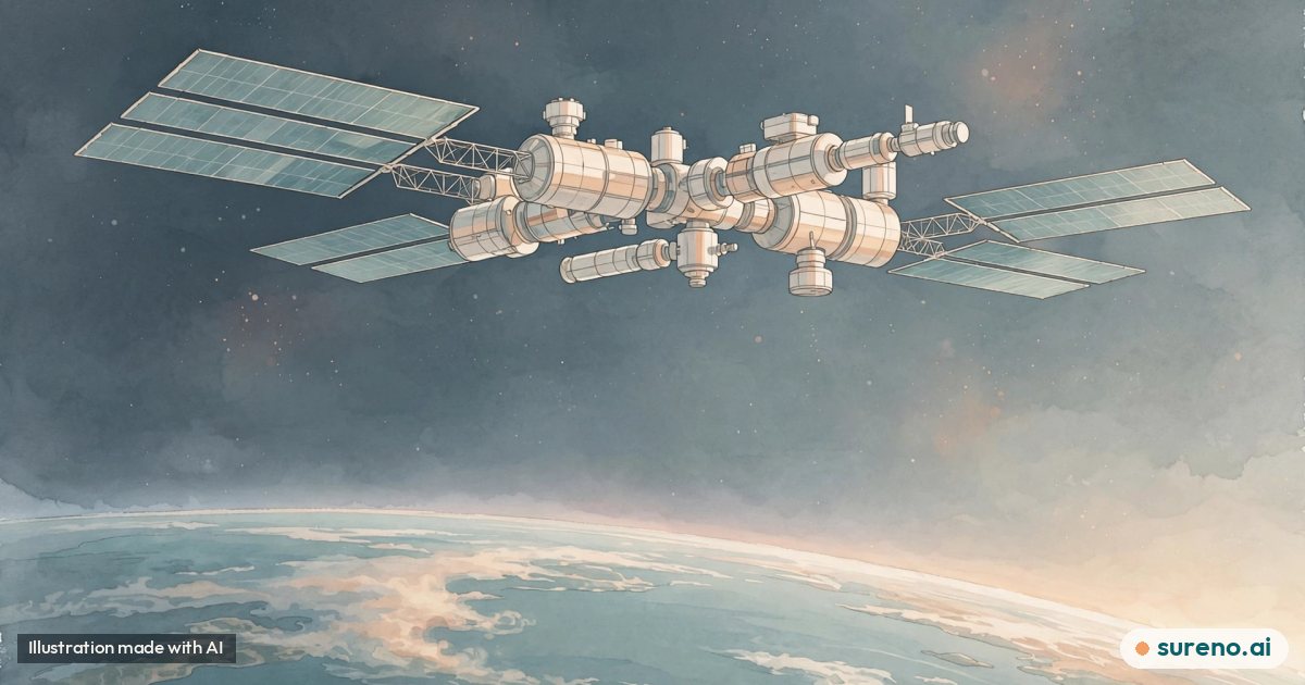 Illustration: A calm view of a large modular space station with solar panels above Earth's curved horizon, no text, no real people