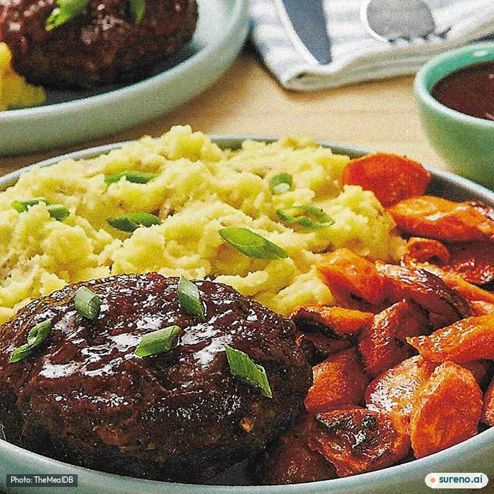 Soy-Glazed Meatloaves with Wasabi Mashed Potatoes & Roasted Carrots, the finished dish