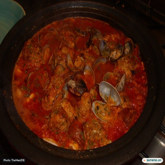 Spanish meatballs with clams, chorizo & squid, the finished dish