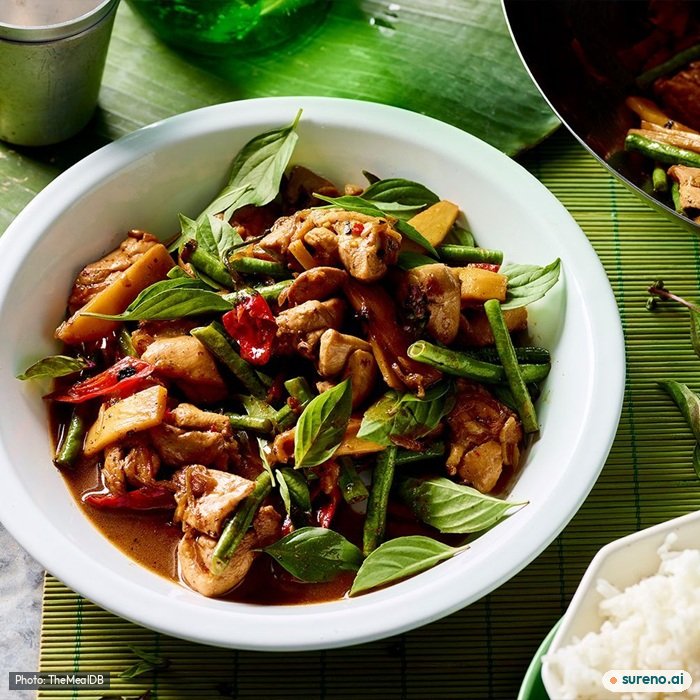 Stir-fried chicken with chillies & basil