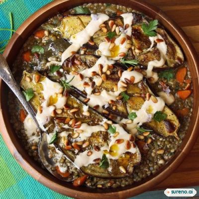 Roasted Eggplant With Tahini, Pine Nuts, and Lentils